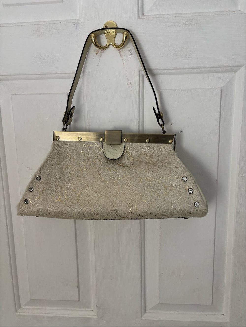 Patricia Nash Cream Haircalf Shoulder Bag with Gold Hardware